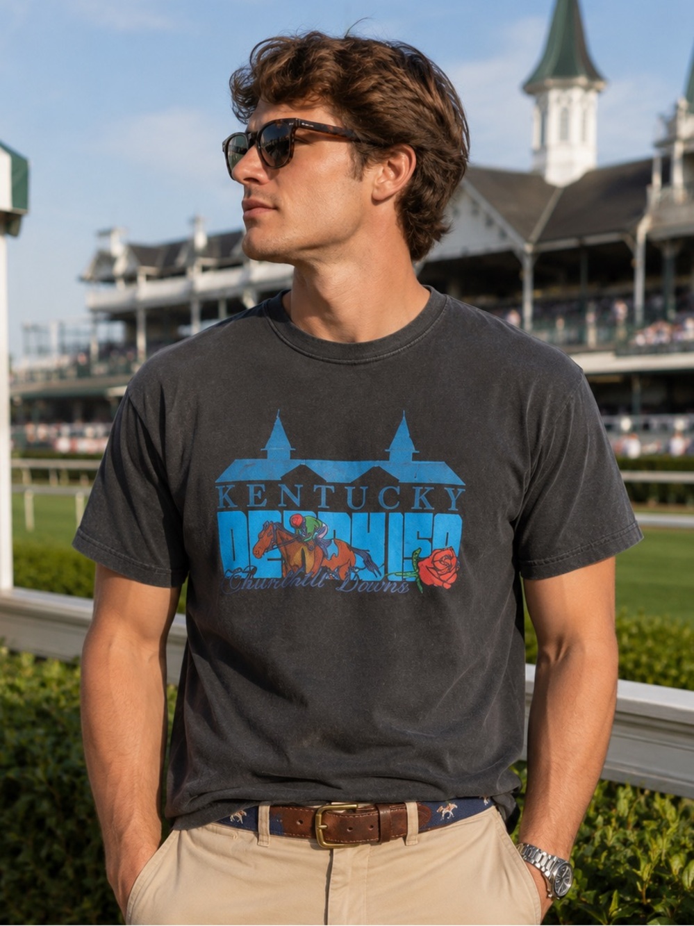 HOMME + FEMME Charcoal Kentucky Derby Twin Spires Southern Prep Tee Shirt Size M